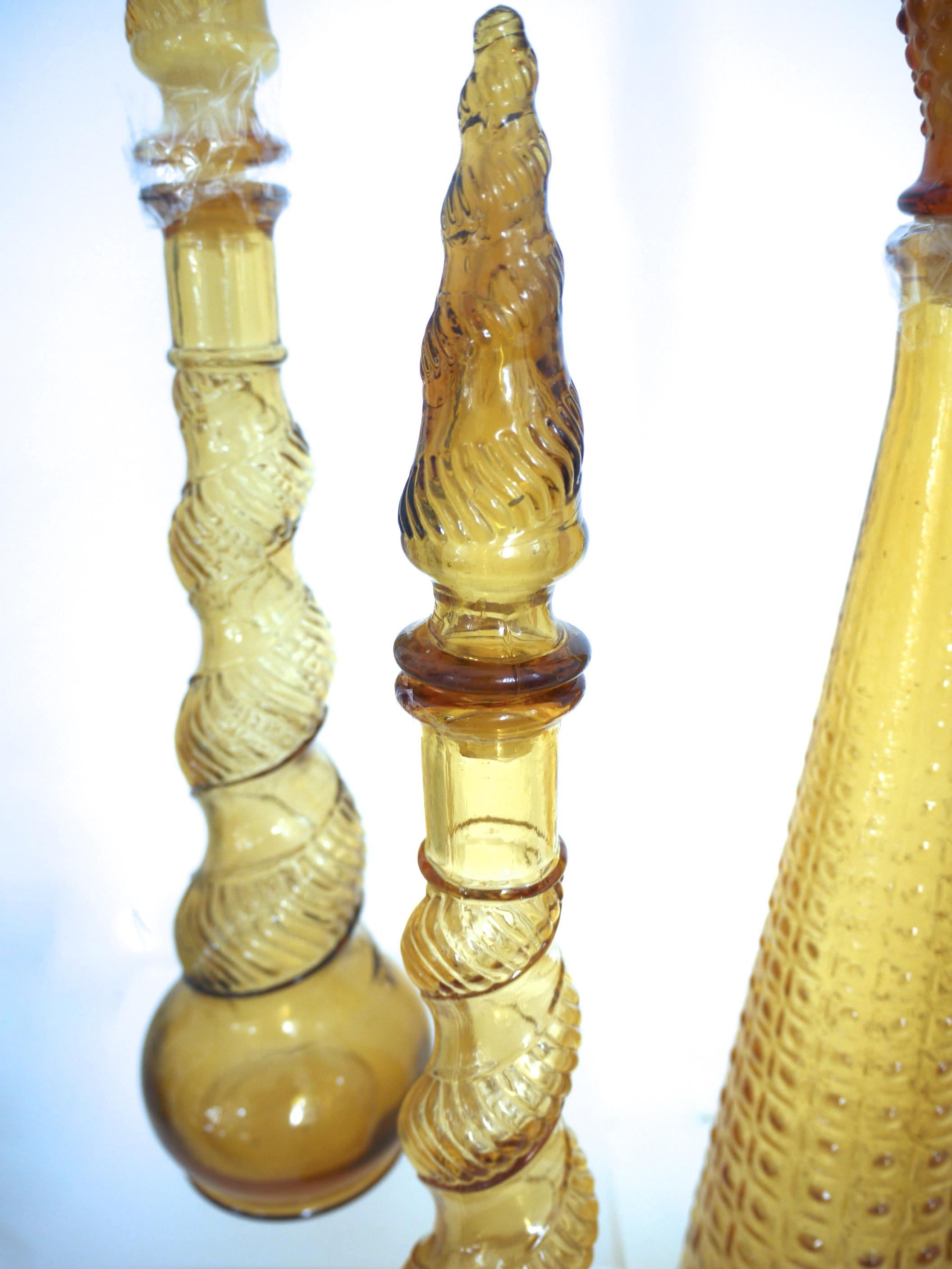 Mid-Century Modern Amber Empoli Genie Bottles late 1960s Set of Three - Made in Italy Florence For Sale
