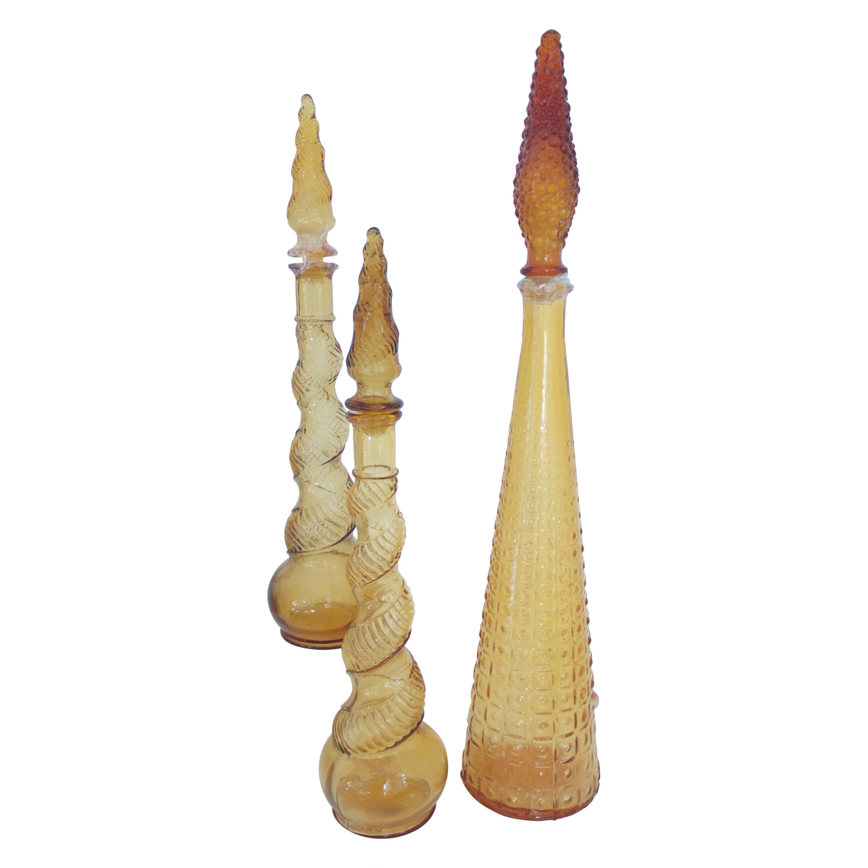 Amber Empoli Genie Bottles late 1960s Set of Three - Made in Italy Florence For Sale