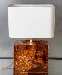 Amber Fractal Resin and Brass Table Lamp