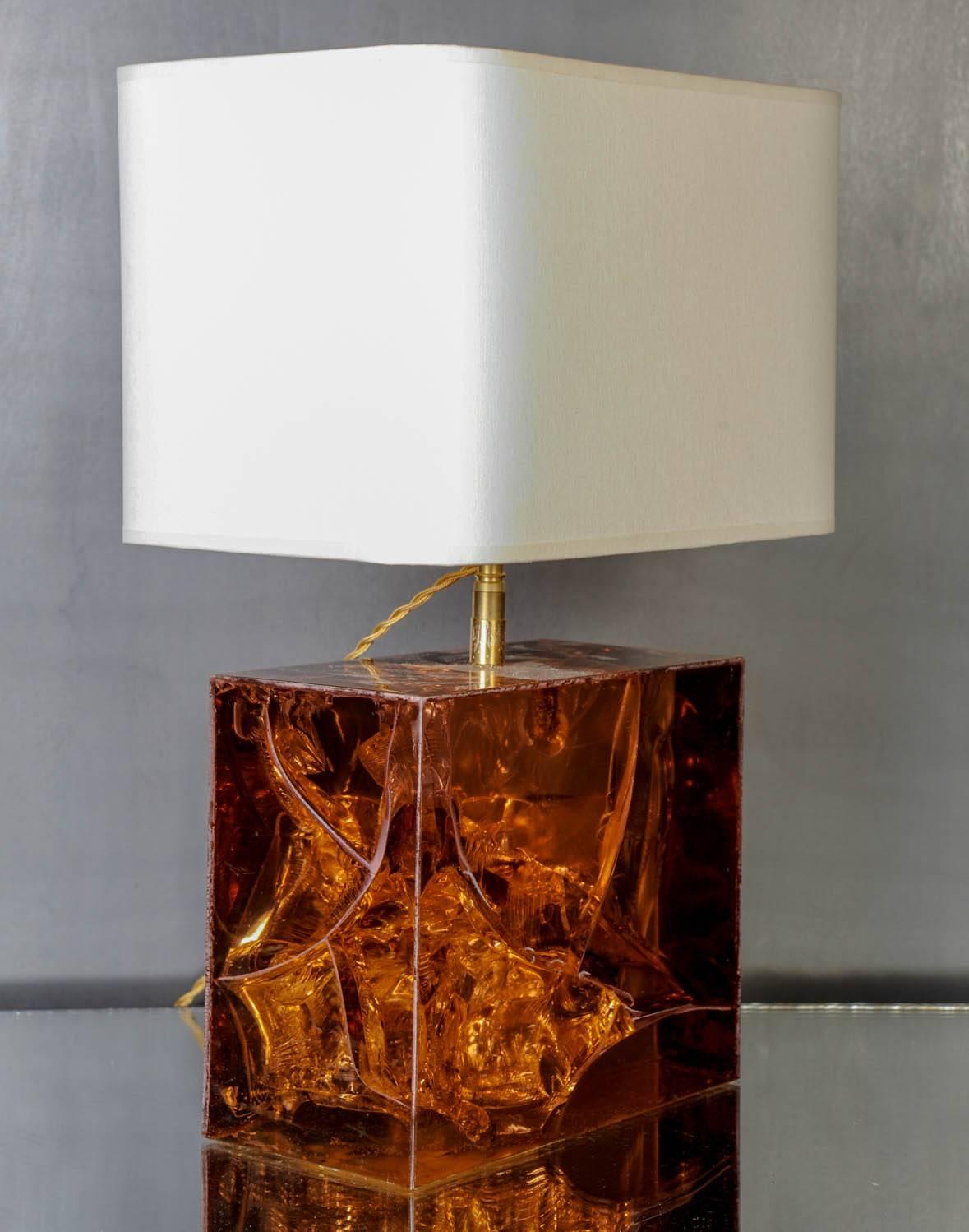 Italian Amber Fractal Resin and Brass Table Lamp