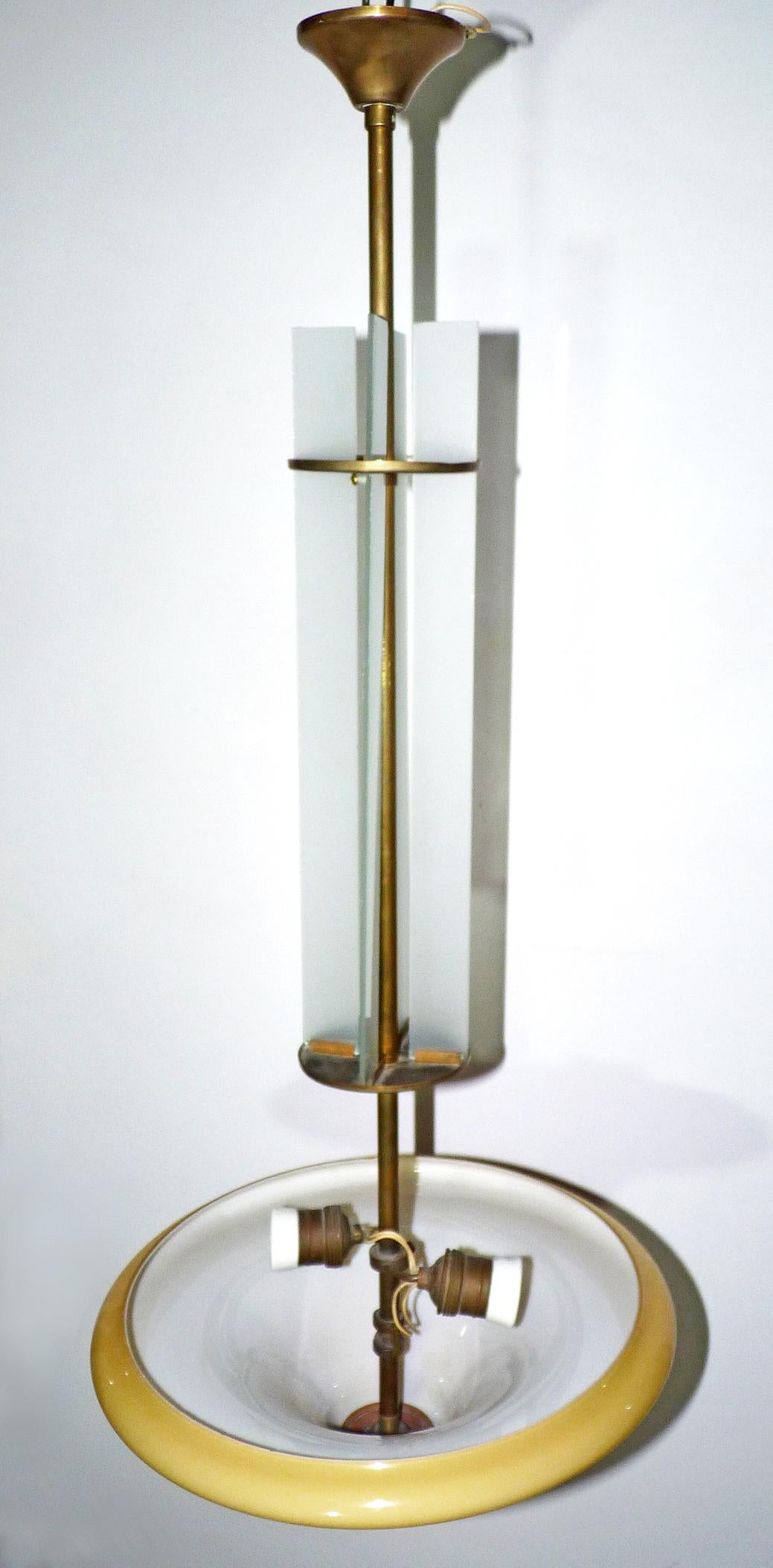20th Century Amber French Art Deco and Art Nouveau Bronze & Opaline Glass Hanging Chandelier