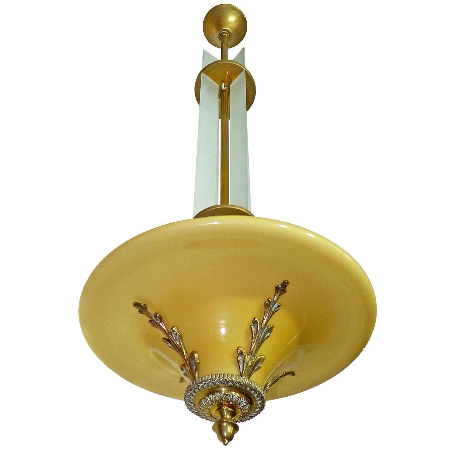 Amber French Art Deco and Art Nouveau Bronze & Opaline Glass Hanging Chandelier