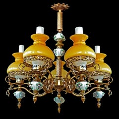 Amber French Limoges Porcelain Gilt Bronze Victorian Library Oil Lamp Chandelier