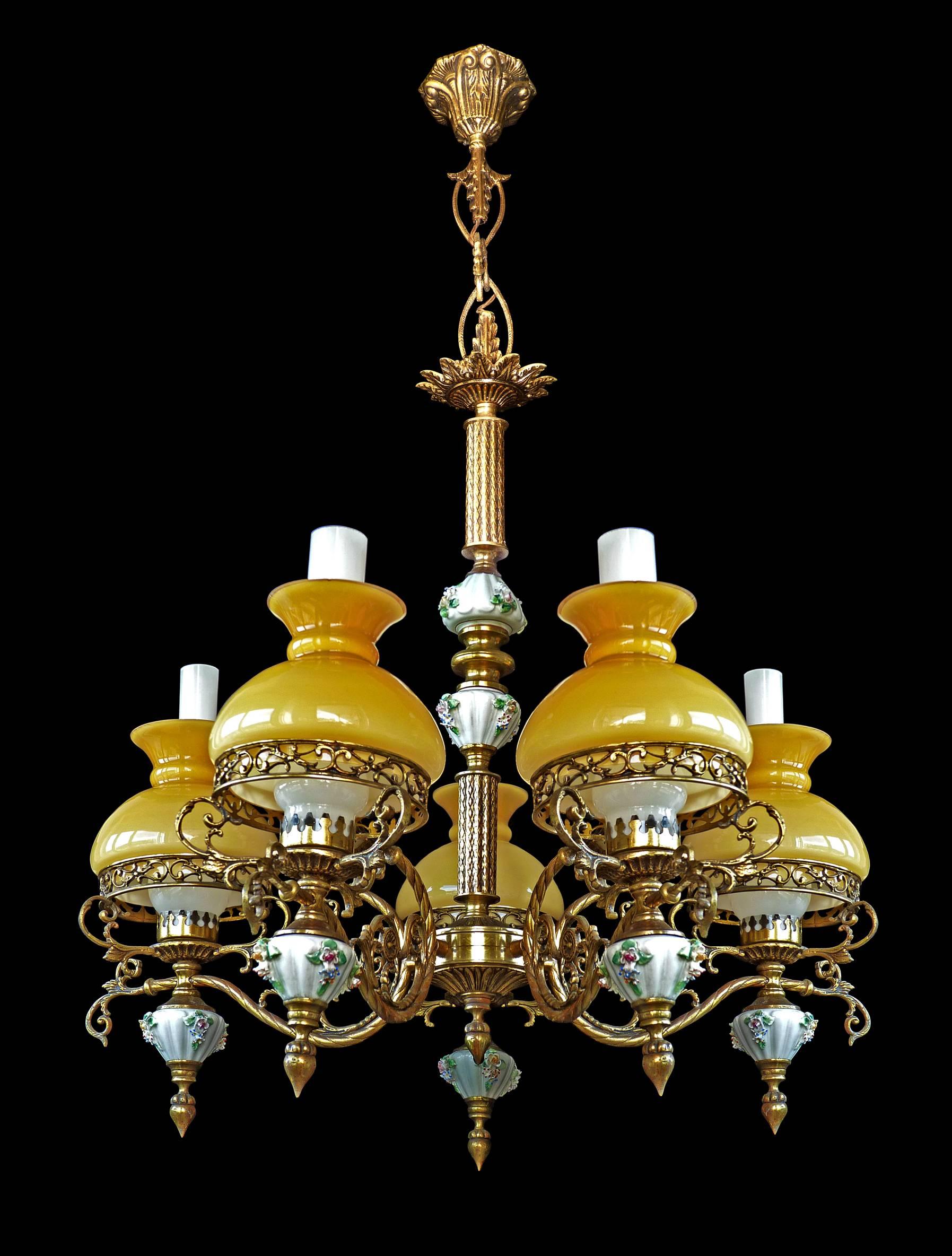 Early Victorian French Victorian Chandelier Porcelain Limoges Style, Gilded Bronze & Amber Glass