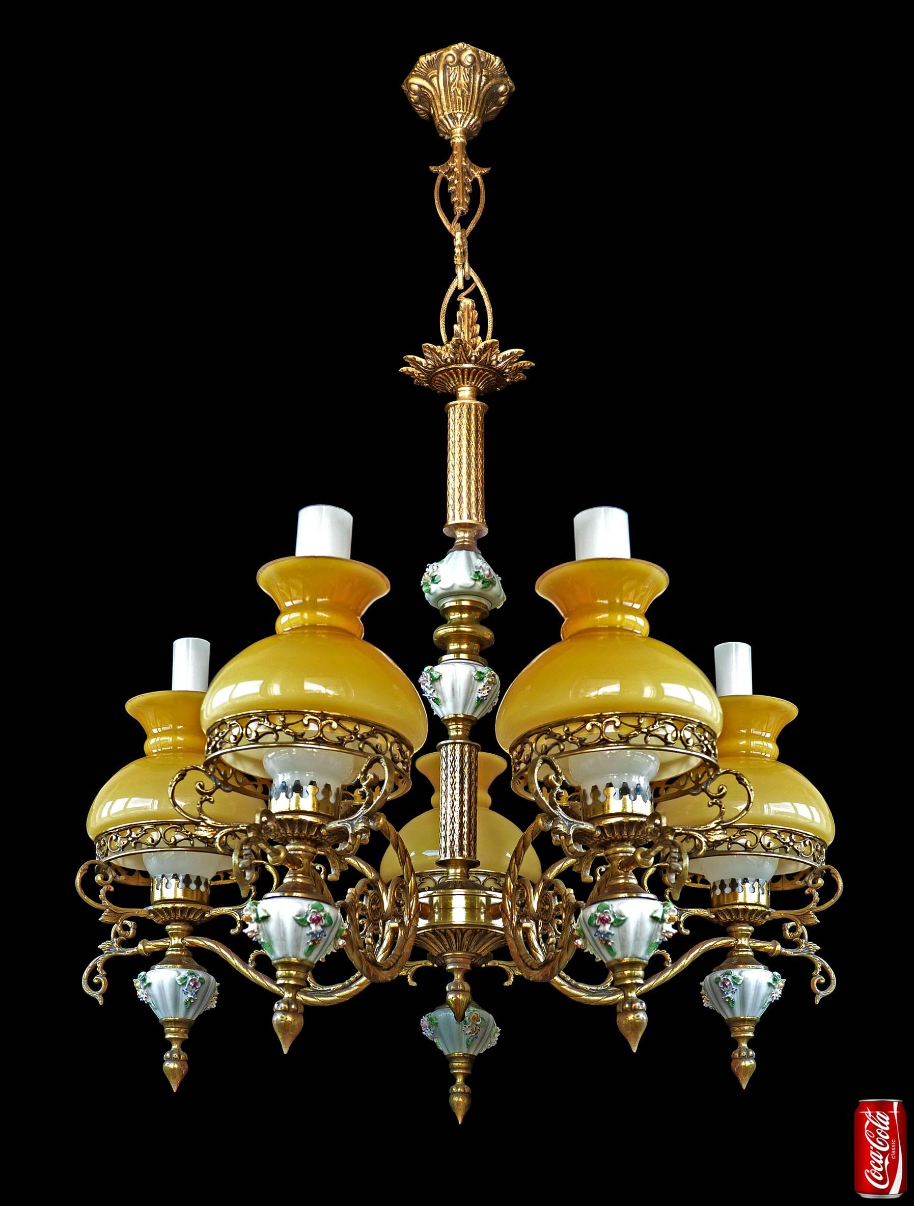 Gilt French Victorian Chandelier Porcelain Limoges Style, Gilded Bronze & Amber Glass