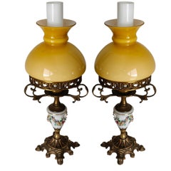 Pair French Amber Opaline Glass, Gilt Bronze Limoges-Style Porcelain Table Lamps