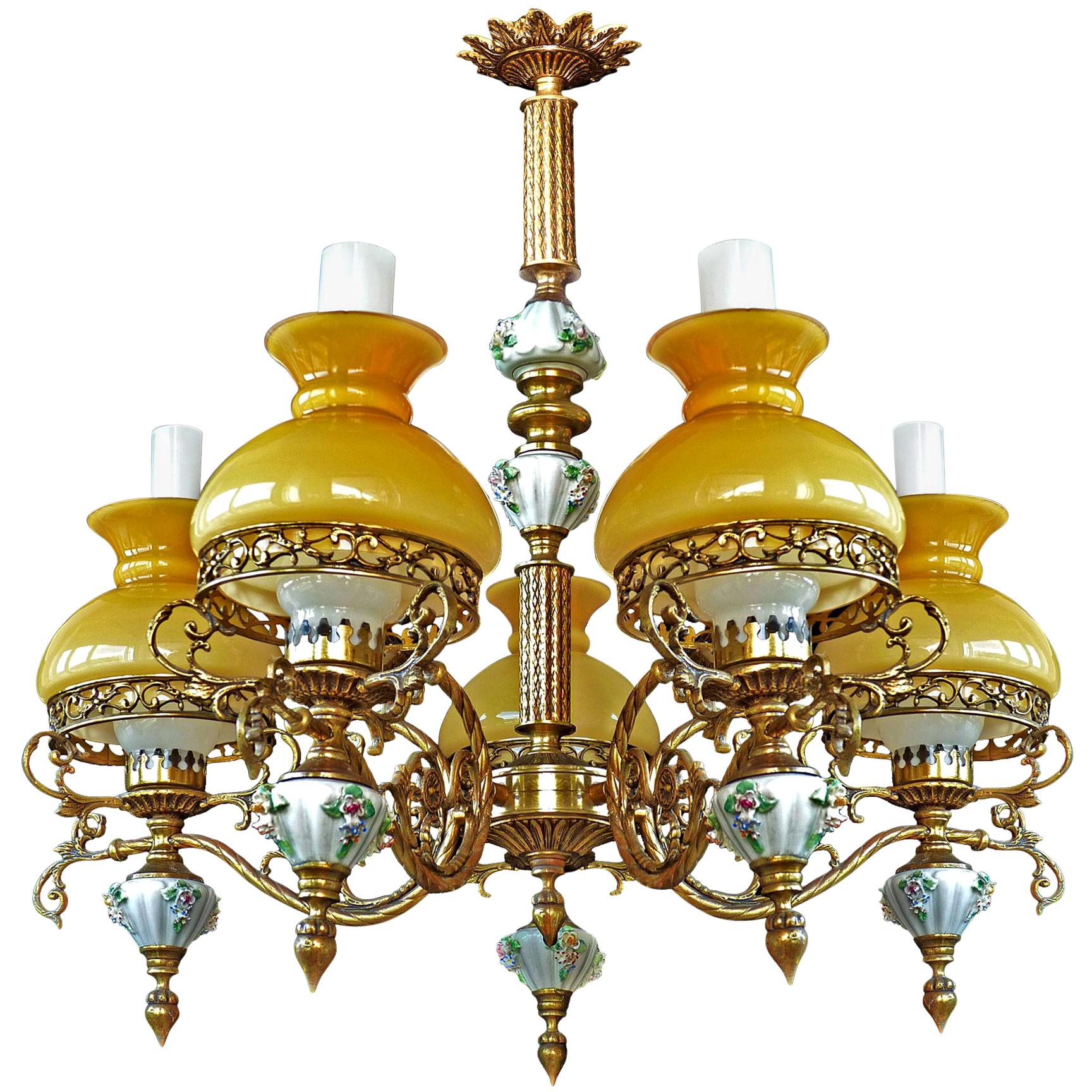 French Victorian Chandelier Porcelain Limoges Style, Gilded Bronze & Amber Glass