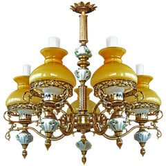 French Victorian Chandelier Porcelain Limoges Style, Gilded Bronze & Amber Glass