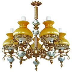 Amber French Limoges Porcelain Gilt Bronze Victorian Library Oil Lamp Chandelier