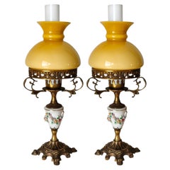 Pair French Amber Opaline Glass, Gilt Bronze Limoges-Style Porcelain Table Lamps