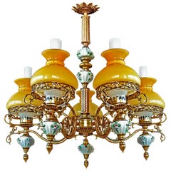 Bernstein Französisch Limoges Porzellan vergoldete Bronze viktorianische Bibliothek Öllampe Kronleuchter