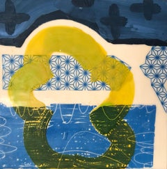And It Got Out Of My Way, pittura astratta ad encausto blu e gialla su pannello