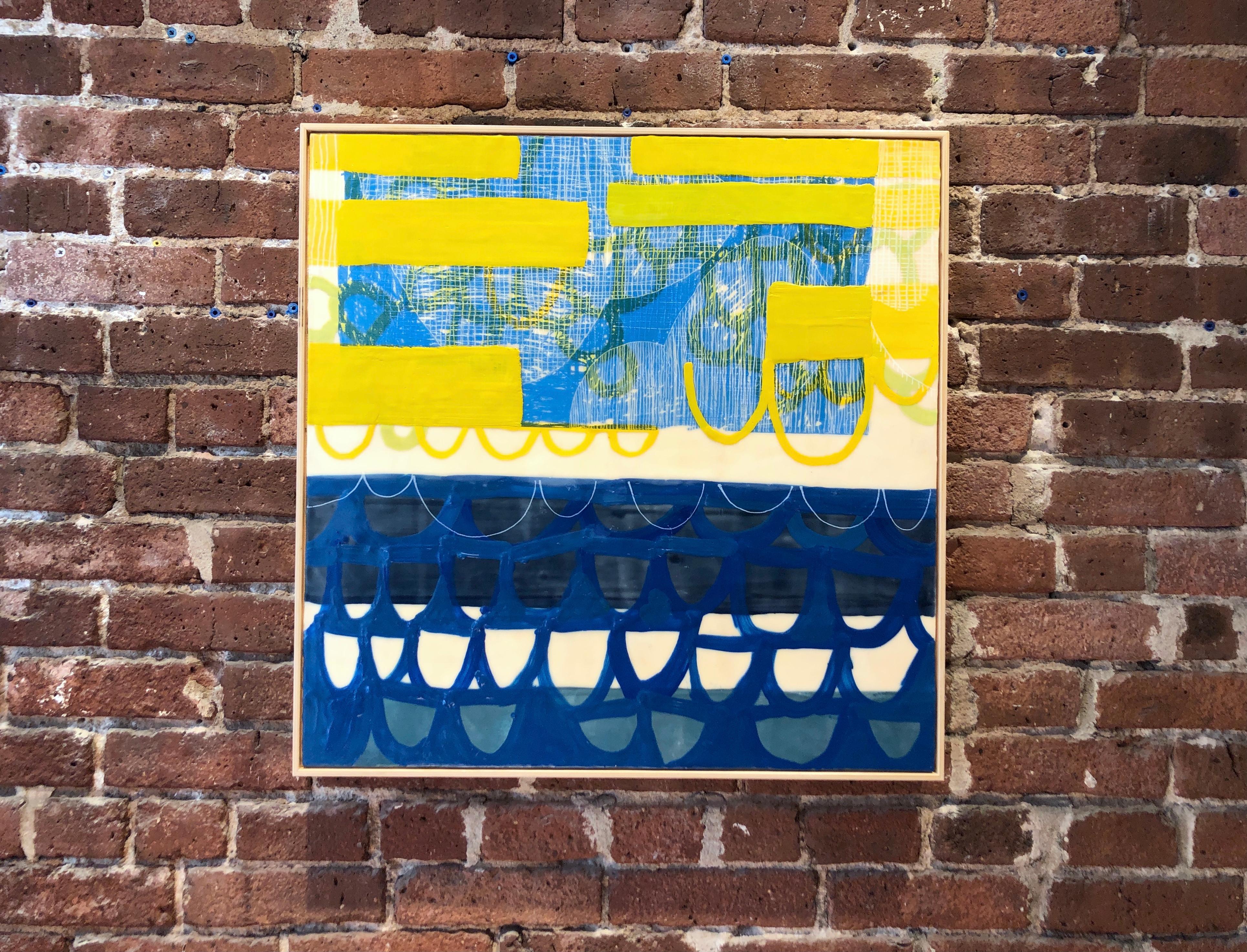 Check the Depth Meter, blue and yellow abstract encaustic painting on panel - Painting by Amber George