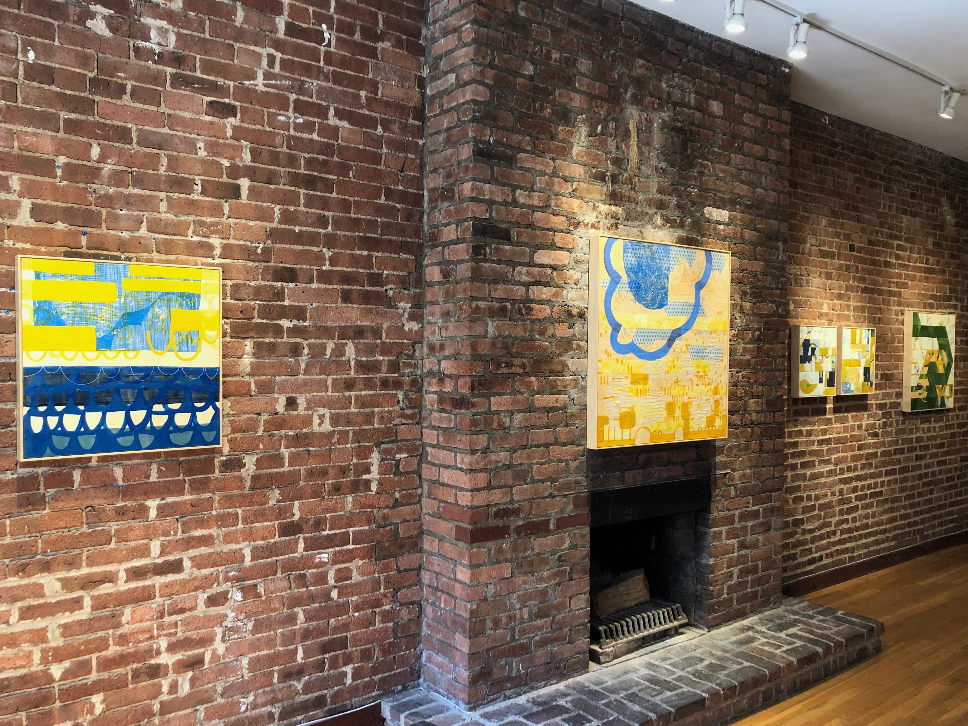 Check the Depth Meter, blaues und gelbes abstraktes Enkaustik-Gemälde auf Tafel (Zeitgenössisch), Painting, von Amber George