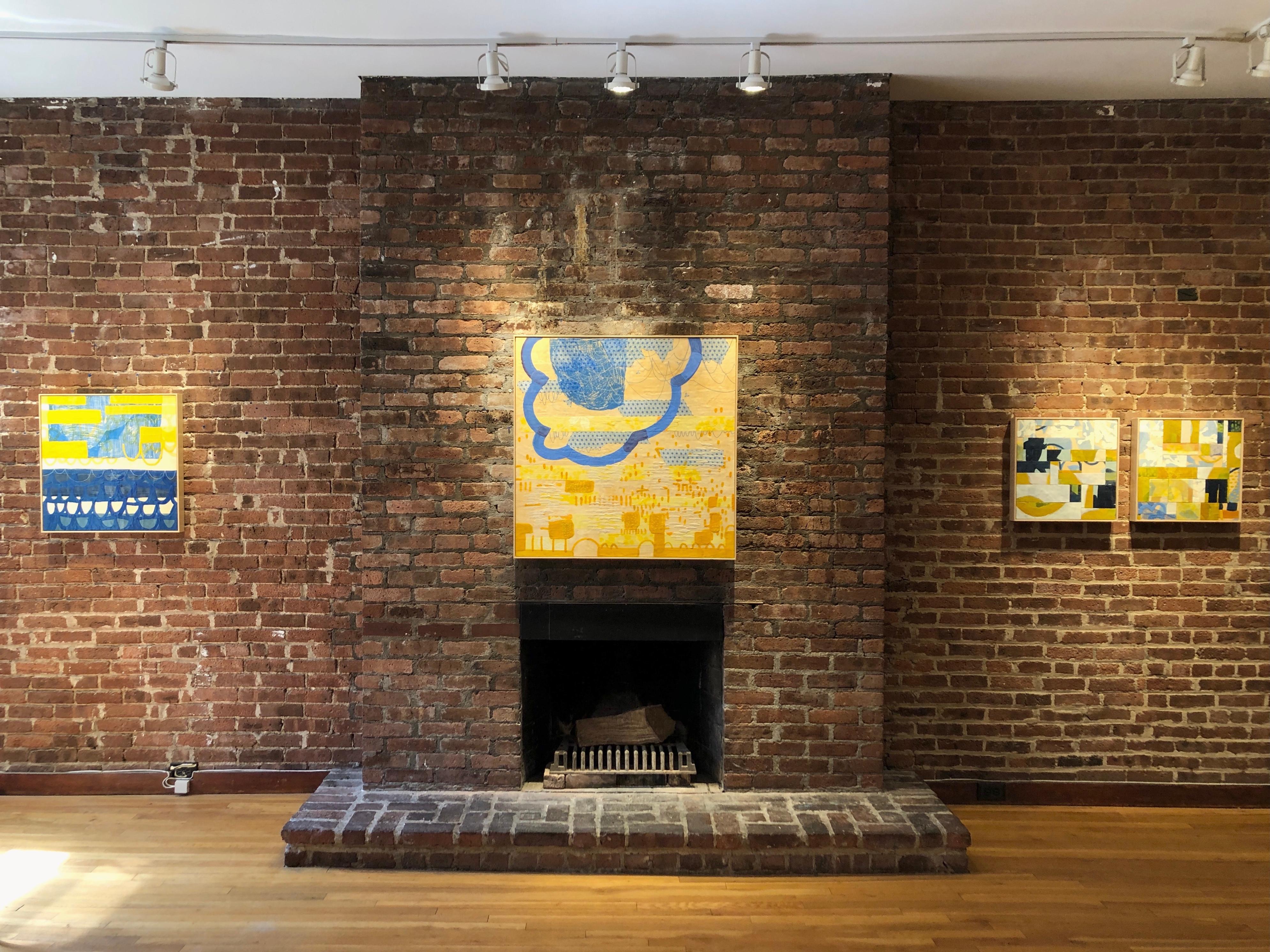 Check the Depth Meter, blaues und gelbes abstraktes Enkaustik-Gemälde auf Tafel (Blau), Abstract Painting, von Amber George