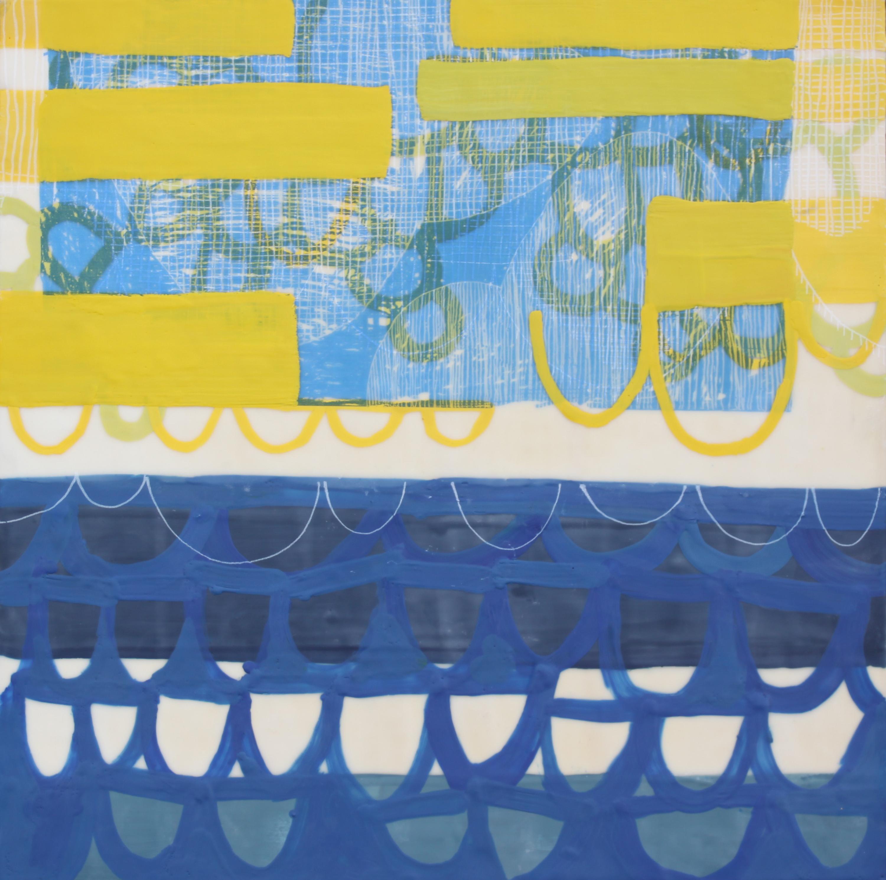 Amber George Abstract Painting - Check the Depth Meter, blue and yellow abstract encaustic painting on panel