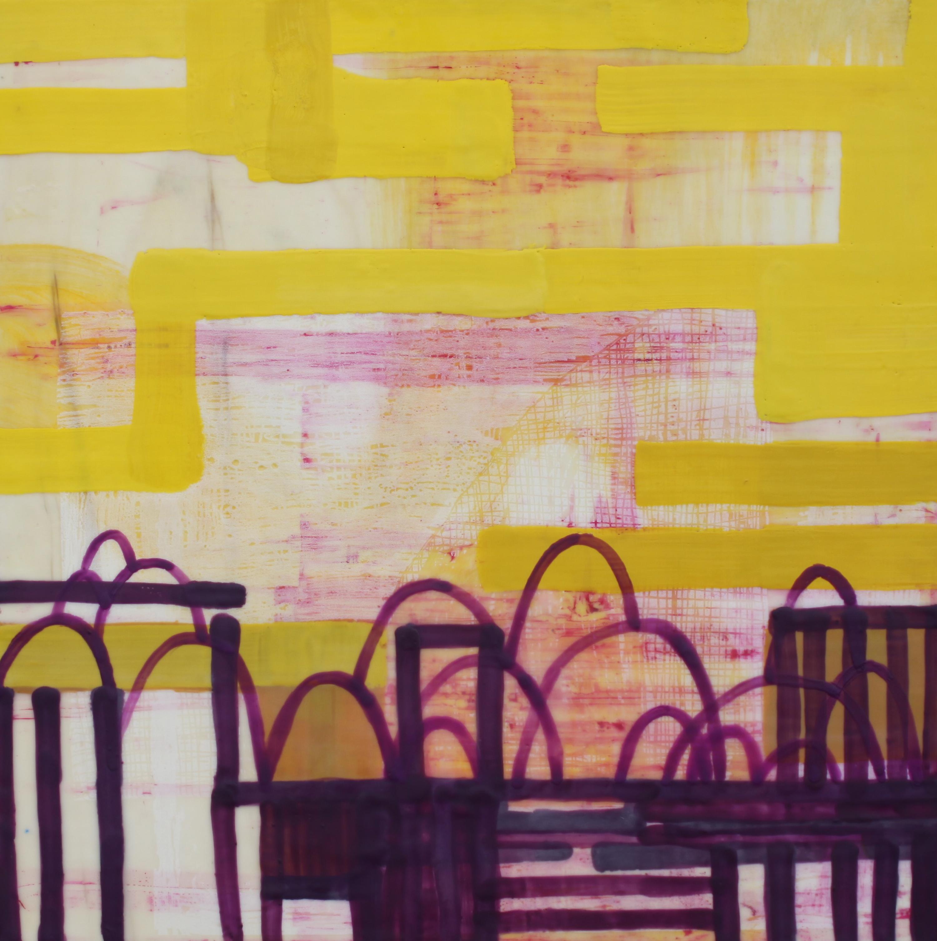 Amber George Abstract Painting - Coming to a Rest, yellow, pink and purple abstract encaustic painting on panel