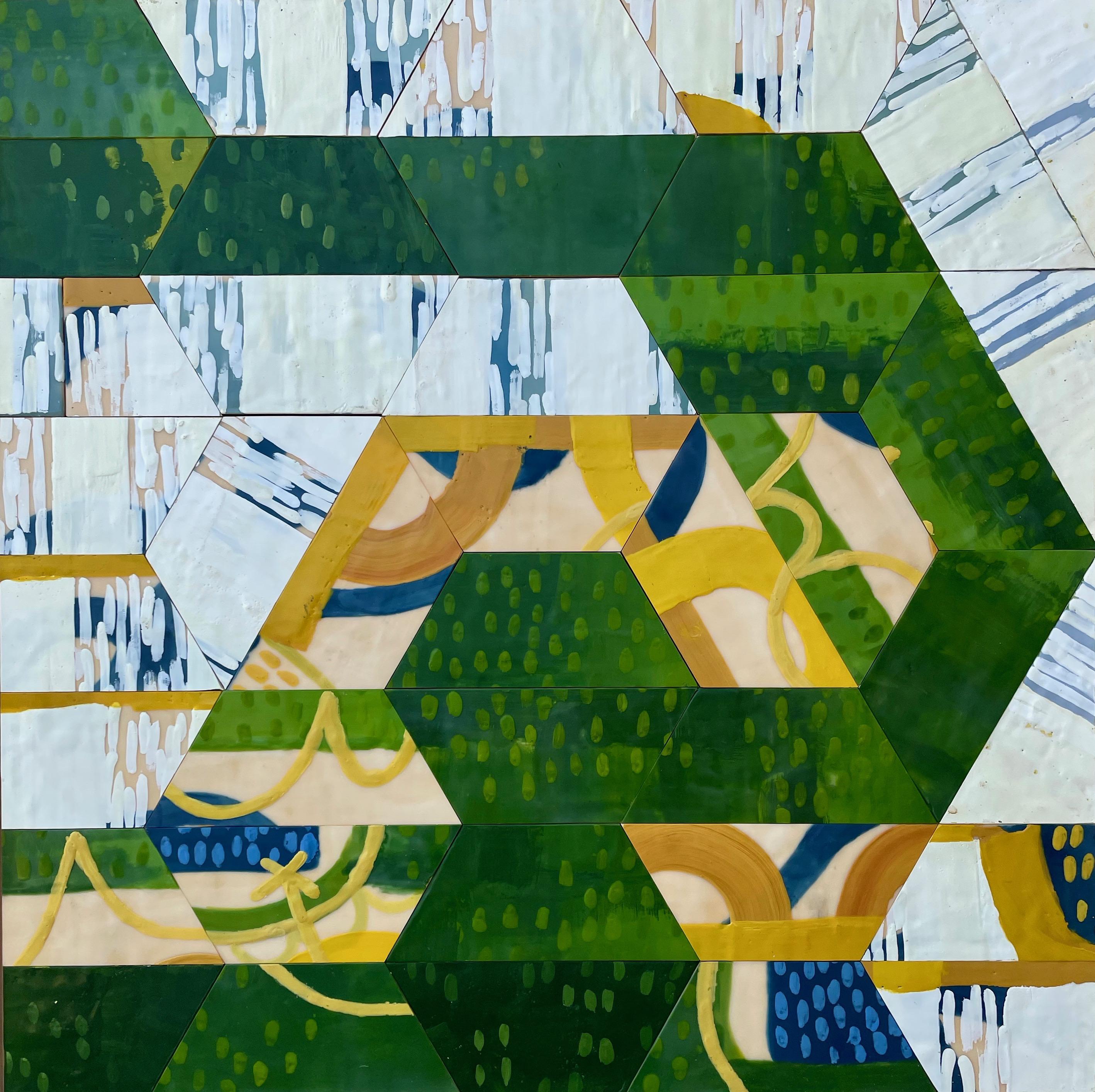 Cul-de-sac, green and blue abstract encaustic painting on panel