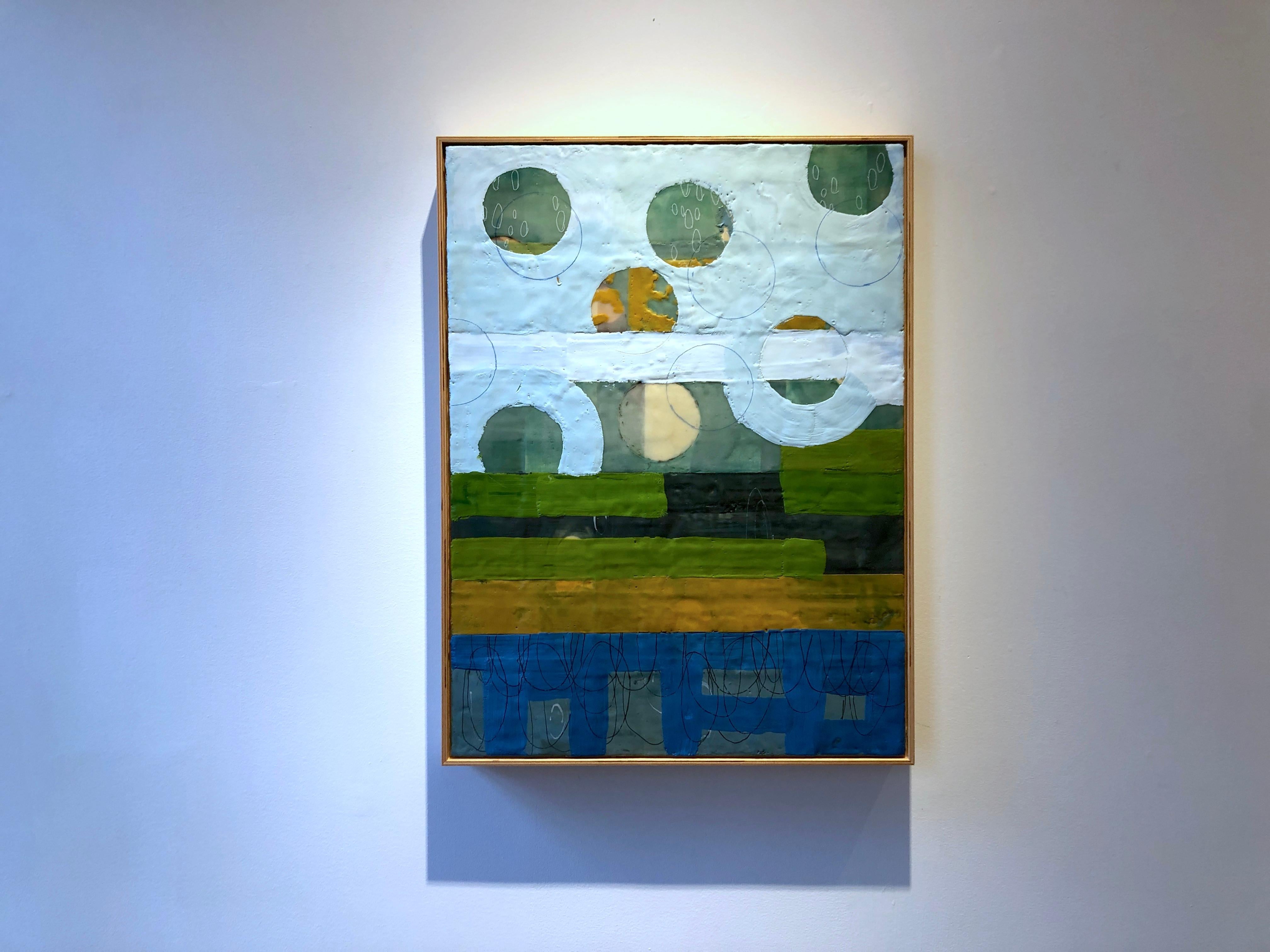 Cumulus 3, blue and green geometric abstract encaustic painting on panel. framed - Contemporary Painting by Amber George