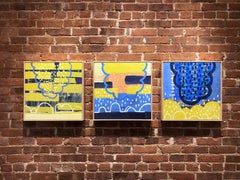 Habitar I, pintura encáustica abstracta amarilla y azul sobre panel