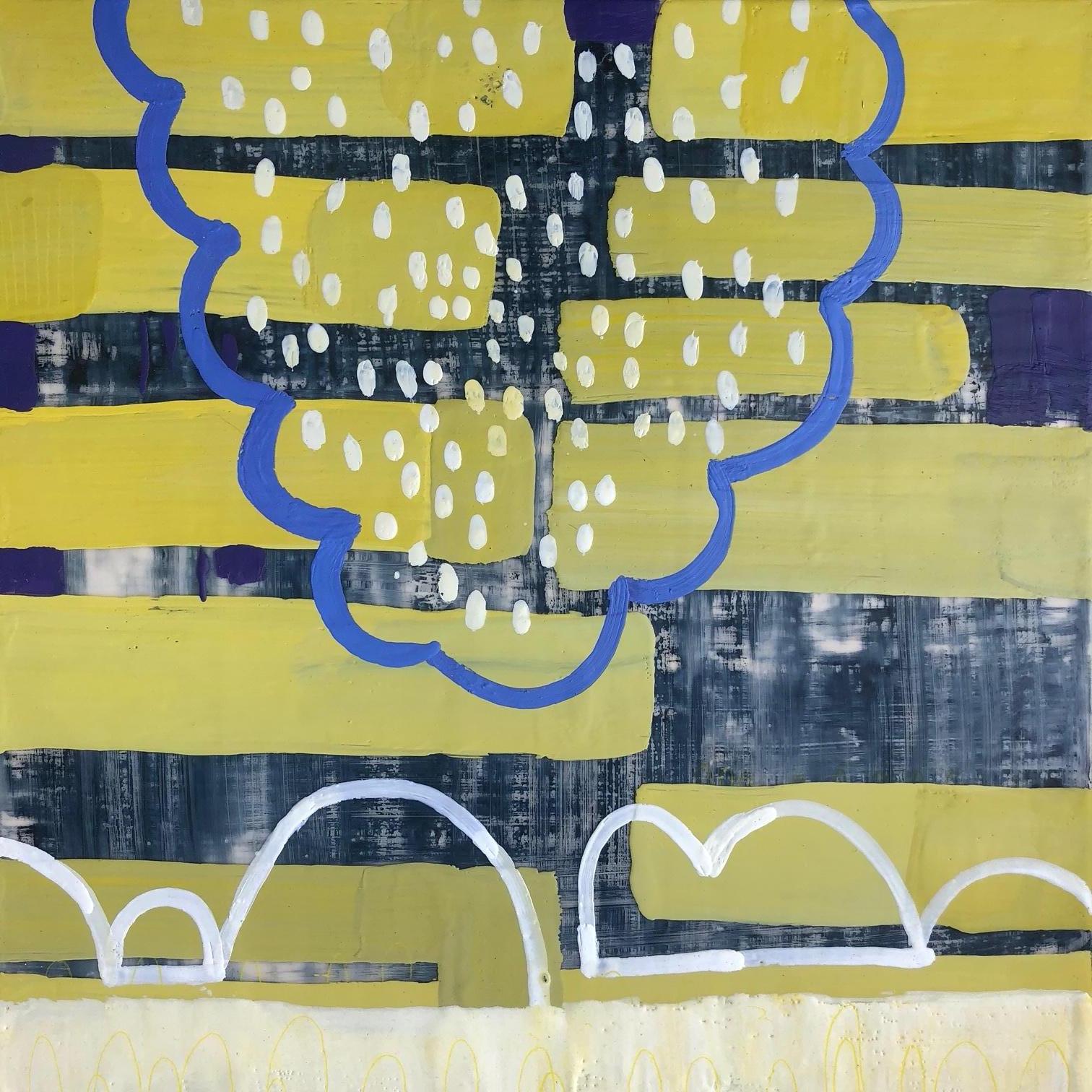 Inhabit I, yellow and blue abstract encaustic painting on panel