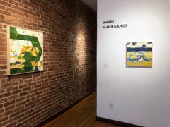 Habitar II, pintura encáustica abstracta amarilla y azul sobre panel