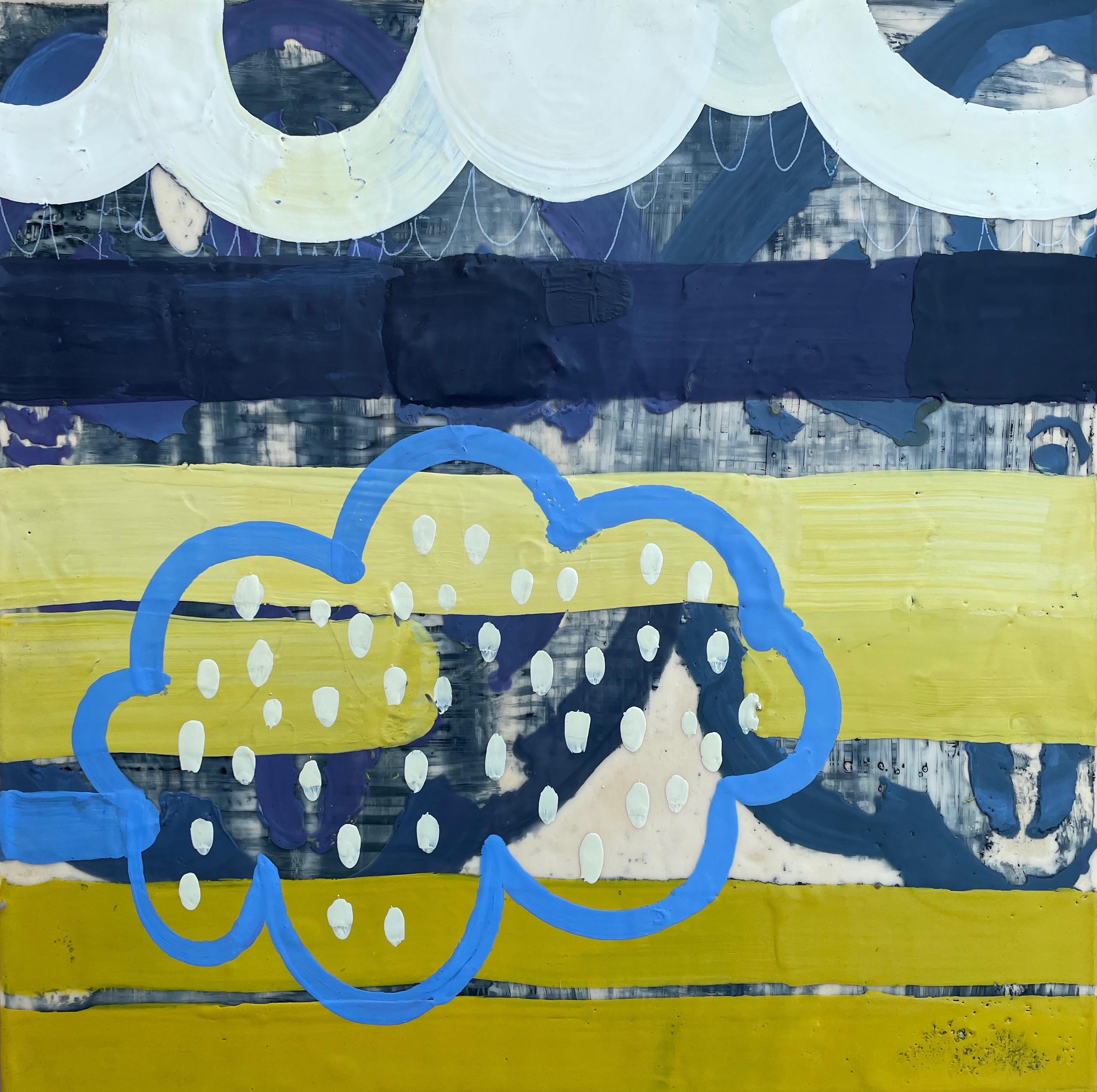 „Womenhabit II“, gelbes und blaues abstraktes Enkaustik-Gemälde auf Tafel