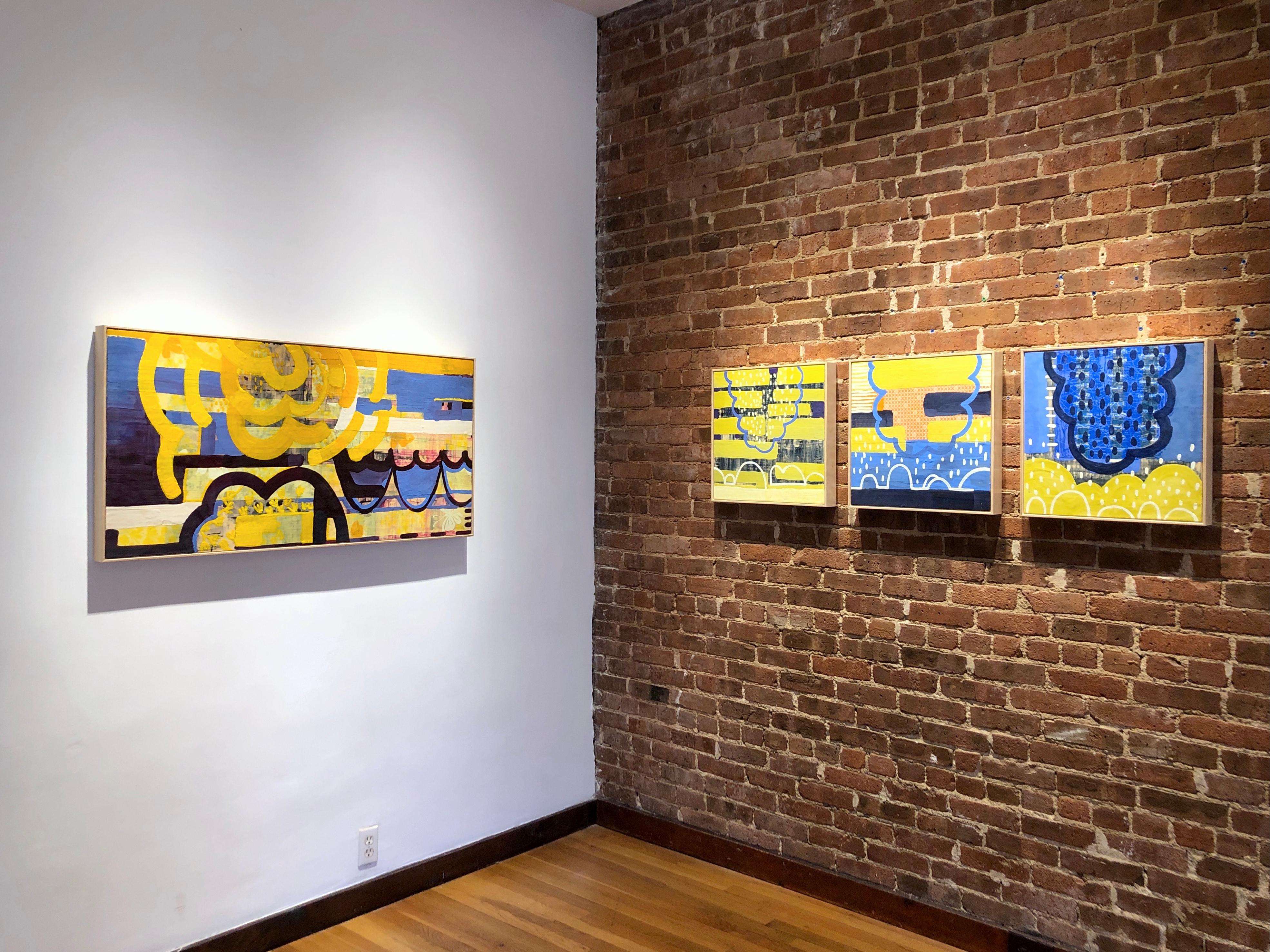 Inhabit III, yellow and blue abstract encaustic painting on panel - Painting by Amber George