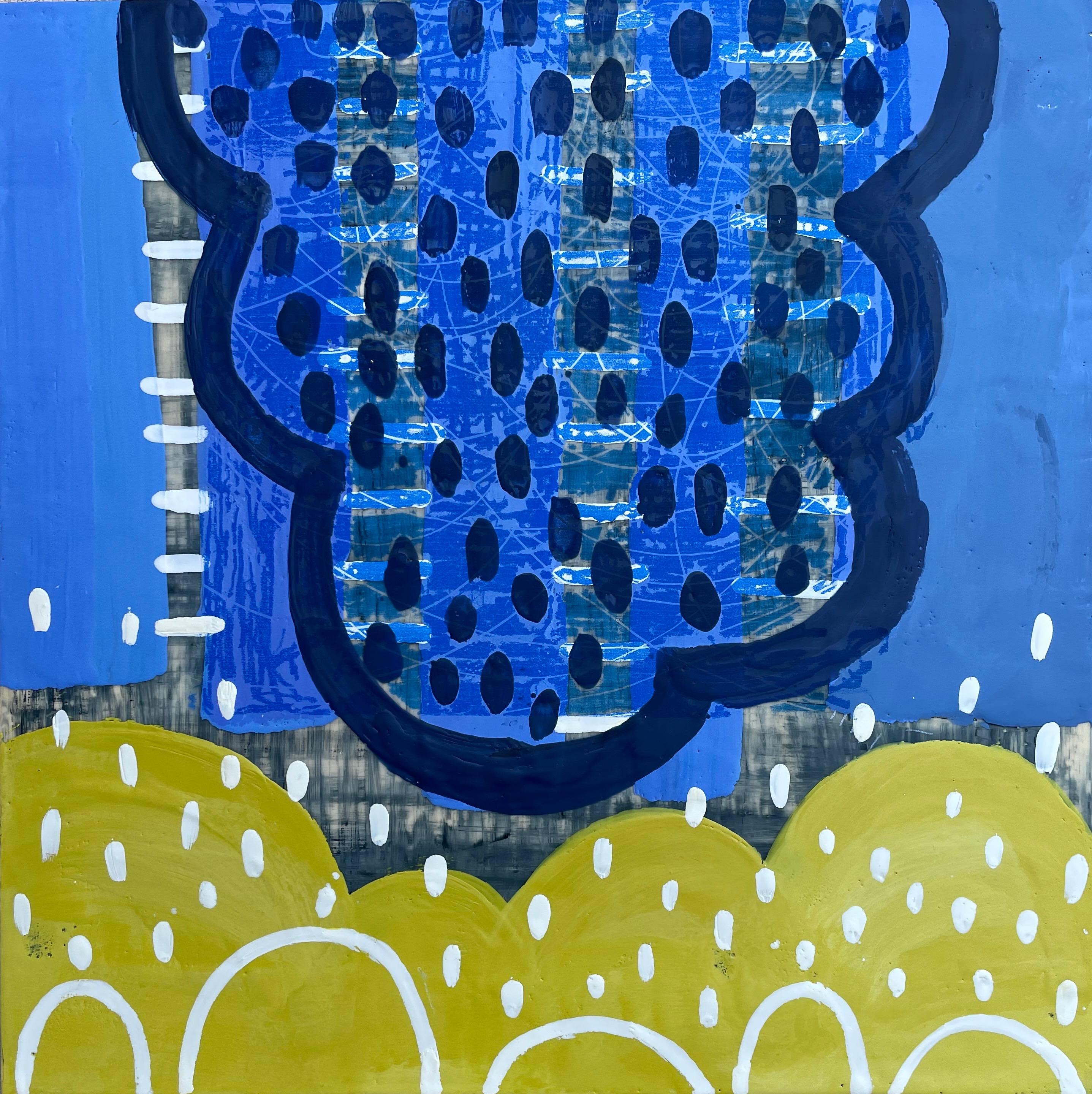 Peinture à l'encaustique abstraite jaune et bleue « Inhabit III » sur panneau