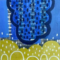 Inhabit III, yellow and blue abstract encaustic painting on panel