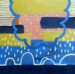 Inhabit IV, yellow and blue abstract encaustic painting on panel