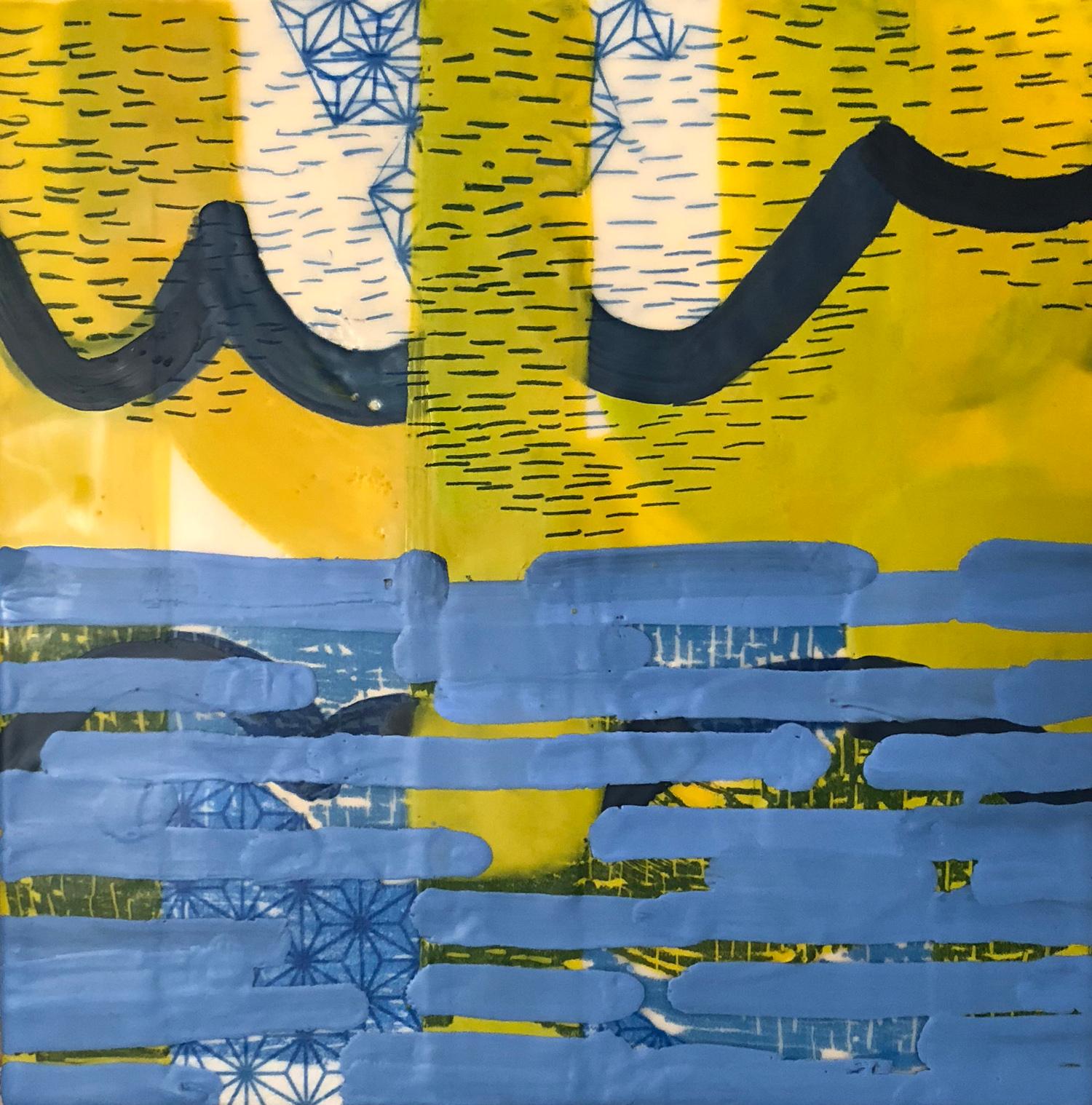 „It Showed Me Its Depths“, blaues und gelbes abstraktes Enkaustik-Gemälde auf Tafel