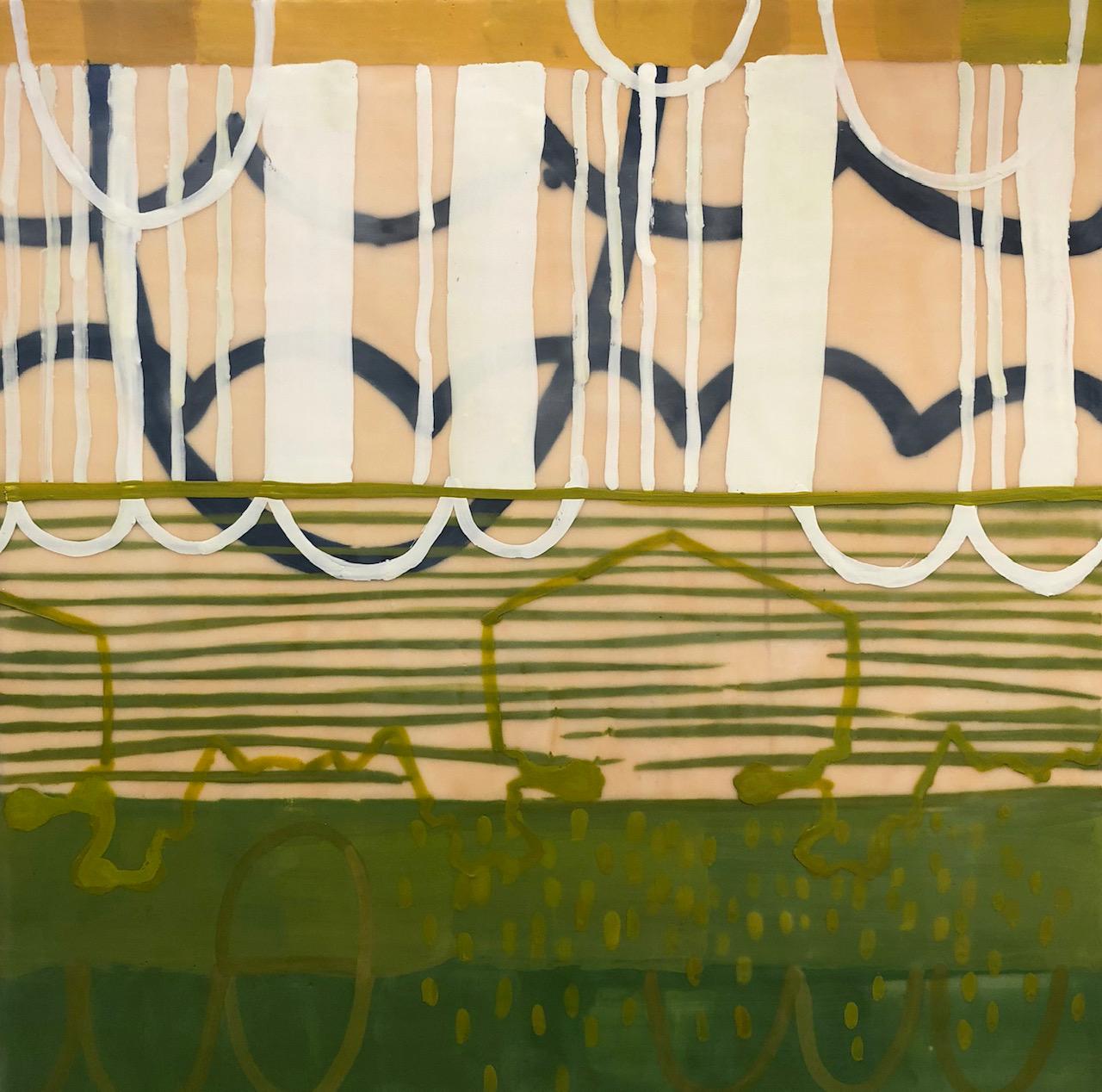 Lacuna 7, pintura abstracta a la encáustica amarilla y verde sobre panel, rayas