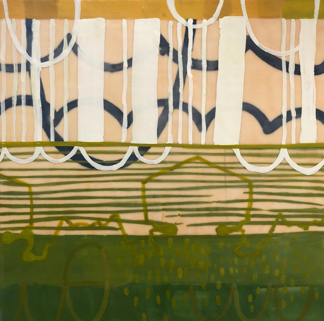 Amber George Abstract Painting - Lacuna 7, yellow and green abstract encaustic painting on panel, stripes