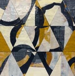 Migration 2, black and white abstract encaustic painting on panel, triangles
