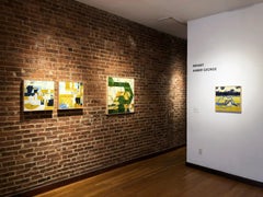 Migration 3, blue and green abstract encaustic painting on panel