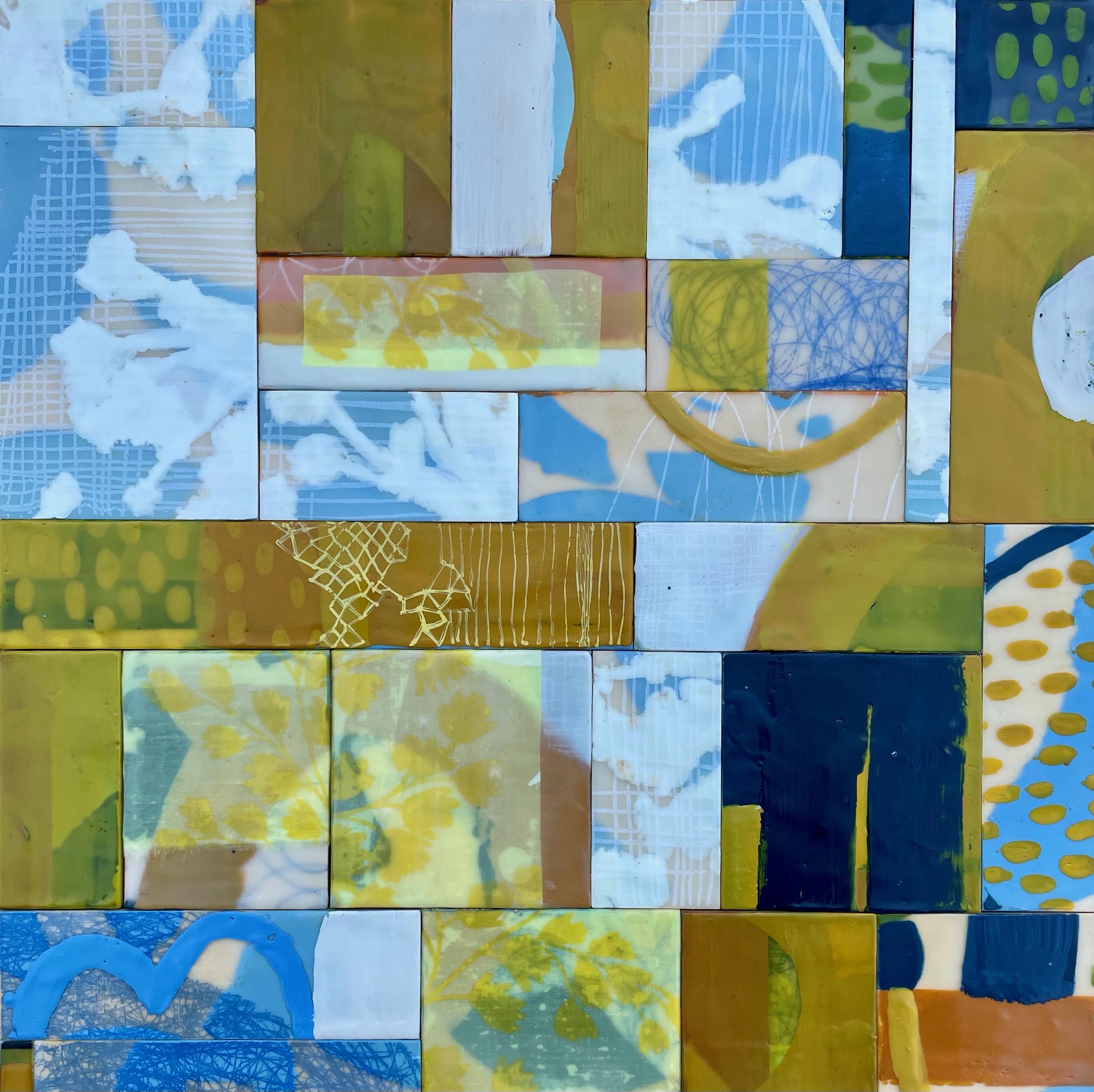 Amber George Abstract Painting - Migration 3, blue and green abstract encaustic painting on panel