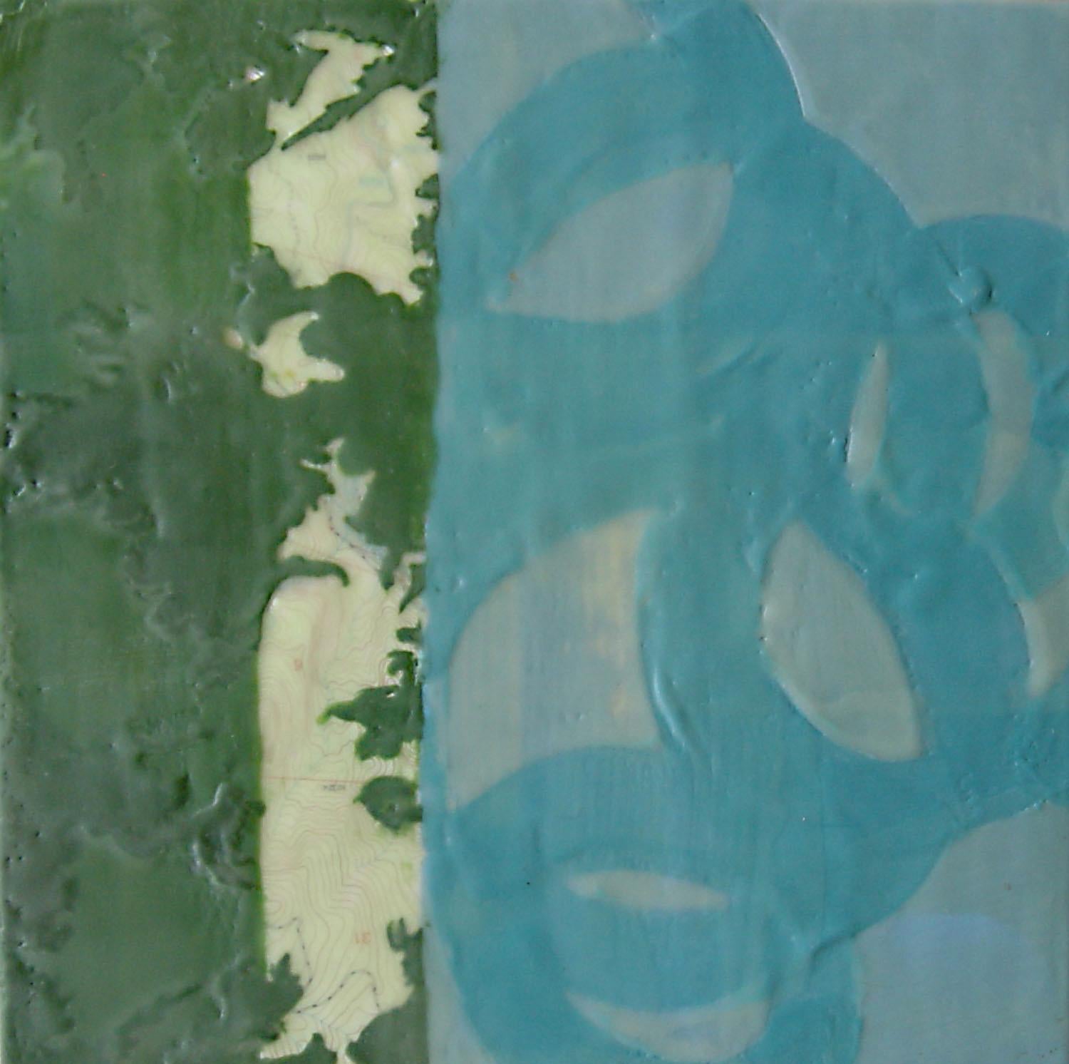 Amber George Abstract Painting - Postcard I, blue and green abstract encaustic painting on panel