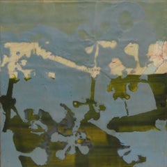 Postcard III, peinture à l'encaustique abstraite bleue et verte sur panneau, tons terreux
