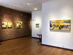 Reverberar 2, pintura abstracta a la encáustica amarilla y azul sobre panel, técnica mixta