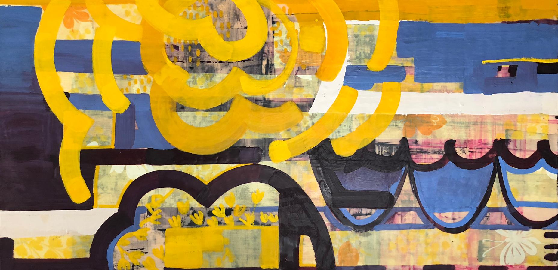 Reverberate 2, yellow and blue abstract encaustic painting on panel, mixed media