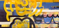 Reverberate 2, yellow and blue abstract encaustic painting on panel, mixed media