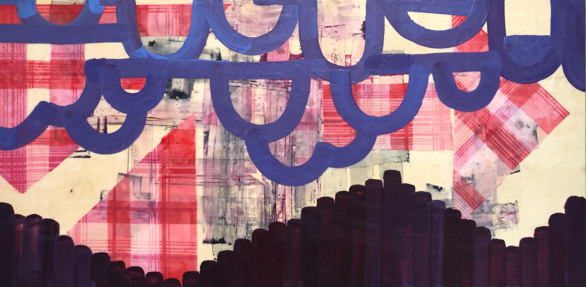 Peinture à l'encaustique abstraite Reverberate 3, rose et violette sur panneau, techniques mixtes