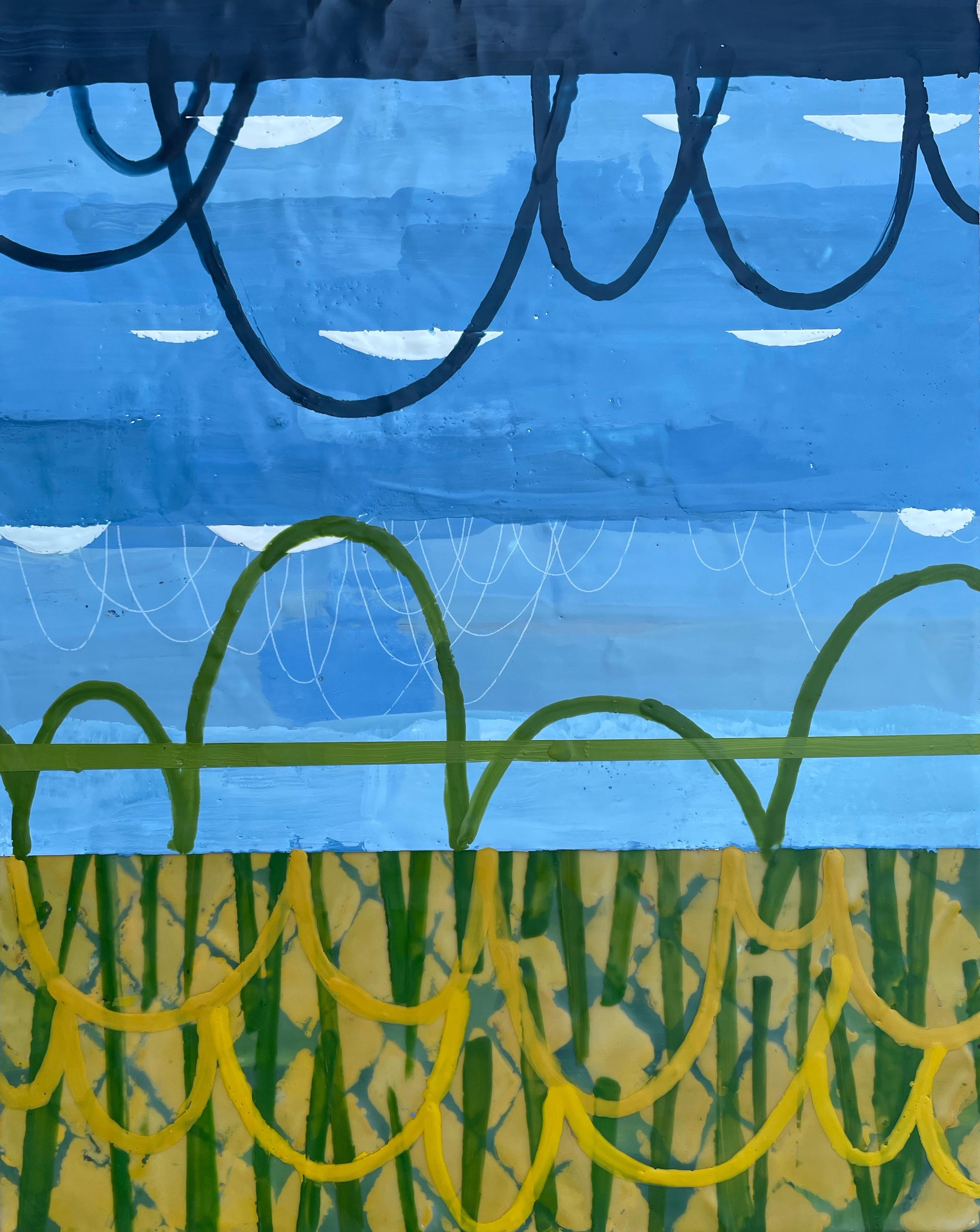 Seeking Perspective I, peinture à l'encaustique abstraite bleue et jaune sur panneau
