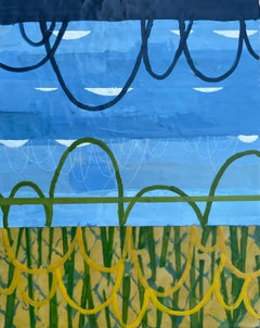 Buscando perspectiva I, pintura abstracta a la encáustica azul y amarilla sobre panel