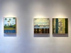 Straightening Up 1, blue and green encaustic painting on panel, framed