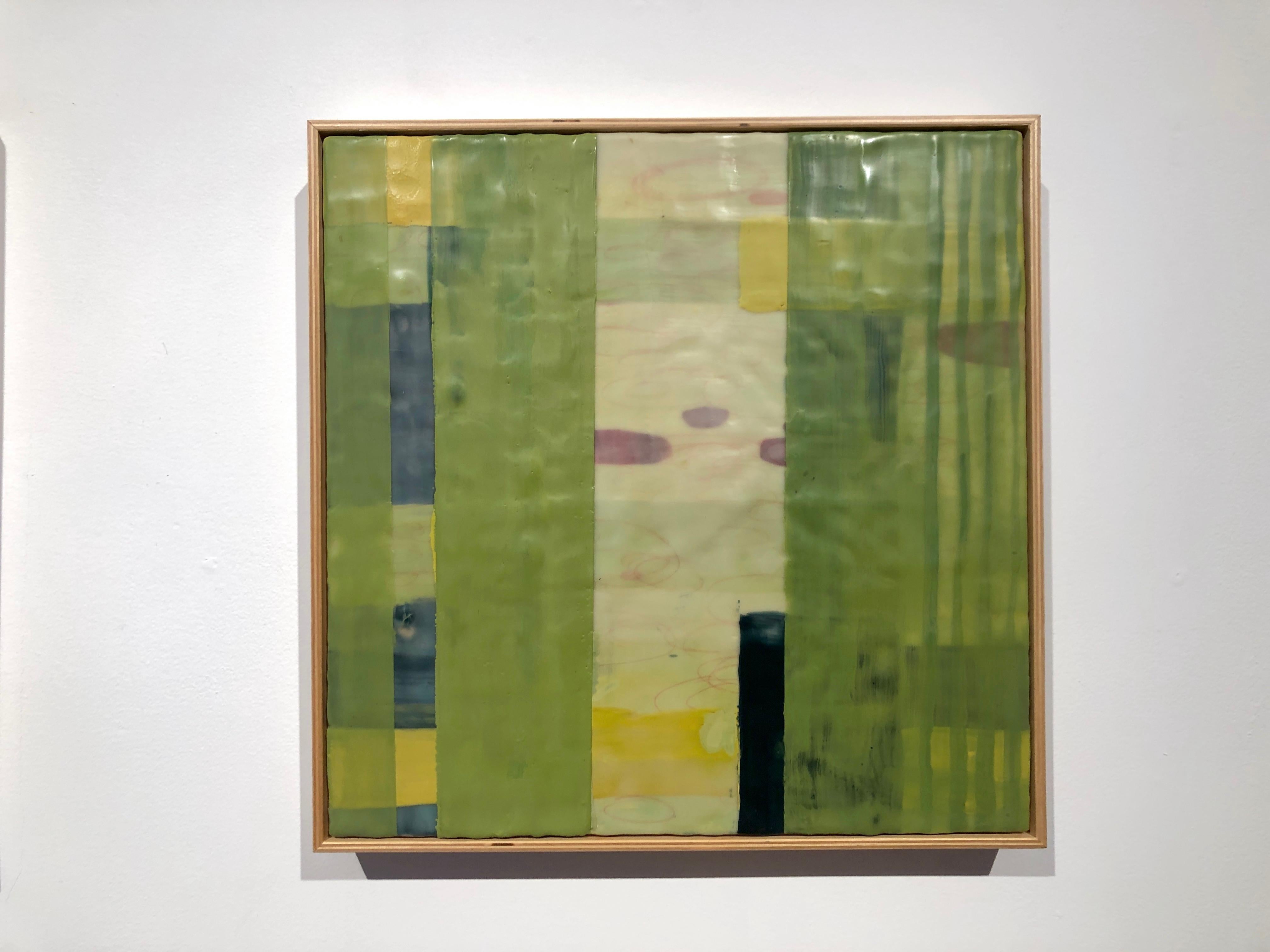 Straightening Up 7, bright green geometric abstract encaustic painting on panel - Contemporary Painting by Amber George