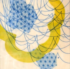 Swells, blue and yellow abstract encaustic painting on panel