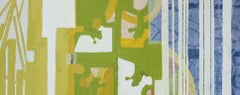 El puente está en construcción, pintura encáustica abstracta verde sobre panel