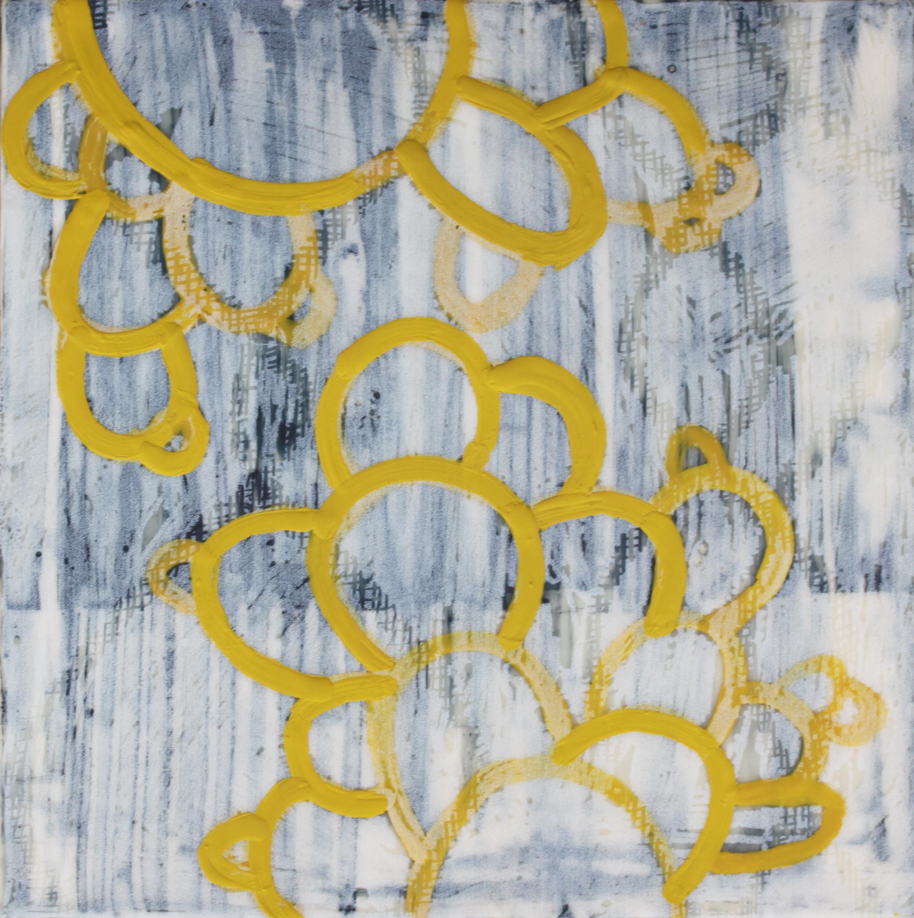 Amber George Abstract Painting - Uncertain Forecast, blue and yellow abstract encaustic painting on panel